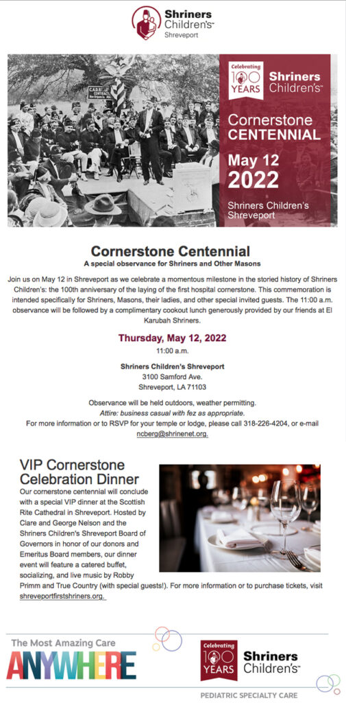 Shriners Hospital Cornerstone Centennial Celebration Grand Lodge of the State of Louisiana